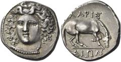 Greek Coins Greek Coins. Larissa. Drachm circa 365-340, AR 5.54 g. Head of the nymph Larissa facing three quarters l., wearing ampyx and pearl necklace. Rev. ΛAPIΣ – AIΩN Horse preparing to roll r. He