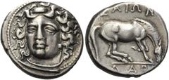 Greek Coins Greek Coins. Larissa. Drachm circa 365-340, AR 6.05 g. Head of the nymph Larissa facing three-quarters l., wearing ampyx and necklace. Rev. ΛAPI[Σ] – AIΩN Horse preparing to roll r. Herrma