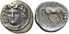 Greek Coins Greek Coins. Larissa. Obol circa IV-III century BC, 0.93 g. Head of the nymph Larissa facing three-quarters l. Rev. ΛAPI[Σ] – AIΩN Horse grazing r. Herrmann pl. V, 19. BCD Thessaly 1434.4 