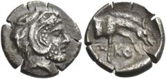 Greek Coins Greek Coins. Skotussa. Obol circa 394-367, AR 0.84 g. Head of Heracles r., wearing lion's skin headdress. Rev. Σ – KO Forepart of horse grazing r.; all within circular incuse. For type, cf