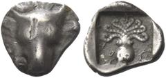 Greek Coins Greek Coins. Eretria. Obol circa 500-465, AR 0.61 g. Facing head of cow. Rev. Octopus within incuse square. Traité 1081. BCD Euboia 324 (these dies). Wonderful old cabinet tone, obverse fr
