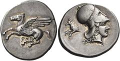 Greek Coins Greek Coins. Corinthia, Corinth. Stater circa 400-375, AR 8.47 g. Pegasus flying l.; below, koppa and H (?). Rev. Head of Athena r., wearing Corinthian helmet; in l. field, forepart of hor