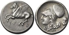 Greek Coins Greek Coins. Corinthia, Corinth. Stater circa 350-306, AR 8.39 g. Pegasus flying l., below, koppa. Rev. Head of Athena l., wearing Corinthian helmet; behind silenus masque and below, A – Λ