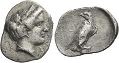 Greek Coins Greek Coins. Elis, Olympia. Hemidrachm, Hera mint 356-352, 106th-107th Olympiad, AR 2.69 g. Head of Hera r., wearing ornamented stephane. Rev. Eagle standing r. on rock, with head turned b