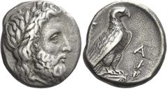 Greek Coins Greek Coins. Elis, Olympia. Stater 348, 108th Olympiad, AR 11.84 g. Laureate head of Zeus r. Rev. [F] – A Eagle, with folded wings, standing r. on Ionic capital; to r., thunderbolt upright