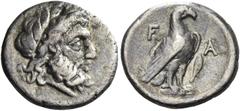 Greek Coins Greek Coins. Elis, Olympia. Hemidrachm circa 260s-250s, AR 2.61 g. Laureate head of Zeus r. Rev. F – A Eagle standing r. with closed wings on Ionic capital; in r. field, olive leaf. SNG De