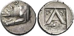 Greek Coins Greek Coins. Argolis, Argos. Triobol circa 260s-250s, AR 2.66 g. Forepart of wolf l.; above, Θ. Rev. Large A; above, Π – Y and beneath, eagle standing r. on harpa. All within incuse square