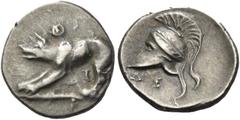 Greek Coins Greek Coins. Argolis, Argos. Trihemiobol circa 260s-250s, AR 1.20 g. Wolf standing l. at bay; above, Θ. Rev. Crested Corinthian helmet l.; below, ΔE. BMC 88. BCD Peloponnesus 1106. Lovely 