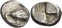 Greek Coins Greek Coins. Sinope. Drachm circa 490-425, AR 6.04 g. Eagle's head l., with traces of leg; below, [dolphin]. Rev. Quadripartite incuse square with two opposing quarters filled, the others 