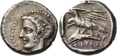Greek Coins Greek Coins. Sinope. Drachm circa 410-350, AR 6.07 g. Head of nymph l., hair caught up in saccos. Rev. ΣINΩ Eagle, with spread wings, standing l. on dolphin; all within shallow incuse squa