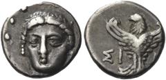 Greek Coins Greek Coins. Sinope. Quarter drachm 4th-3rd century BC, AR 1.52 g. Head of nymph facing slightly to l. Rev. ΣI – [NΩ] Eagle standing facing with spread wings, head turned l. SNG BM Black S