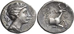 Greek Coins Greek Coins. Ephesus. Didrachm circa 258-202, AR 6.27 g. Diademed and draped bust of Artemis r., with quiver over l. shoulder. Rev. E – Φ Forepart of stag r., head turned back; in upper r.