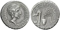 Roman Republic Roman Republic. C. Caesar Octavianus. Denarius, mint moving with Octavianus 37, AR 3.91 g. IMP·CAESAR – DIVI·F·III·VIR·ITER·R P·C Bearded head of Octavian r. Rev. COS·ITER·ET·TER·DESIG 