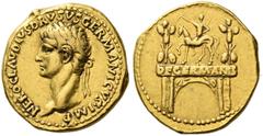 Roman Empire Roman Empire. In name of Nero Claudius Drusus. Aureus 41-45, AV 7.81 g. NERO CLAVDIVS DRVSVS GERMANICVS IMP Laureate head l. Rev. Triumphal arch surmounted by equestrian statue between tw