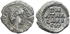The Ostrogoths The Ostrogoths. Athalaric, 526-534. Pseudo-Imperial Coinage. In the name of Justin I, 518-527. Quarter siliqua, Ravenna (?) 526-527, AR 0.67 g. DN IVSTI – NVS P AVC Pearl-diademed and d