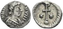 The Ostrogoths The Ostrogoths. The Lombards, Lombardy. Pseudo-Imperial Coinage. In the name of Justinian I, 527-565. Half siliqua or quarter siliqua circa 568-690, AR 0.83 g. DN (...) – NVIII Pearl-di
