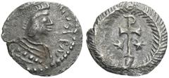 The Ostrogoths The Ostrogoths. The Lombards, Lombardy. Pseudo-Imperial Coinage. In the name of Justinian I, 527-565. Half siliqua or quarter siliqua circa 568-690, AR 0.60 g. DN (...) – NSTIN Pearl-di