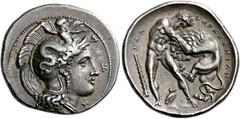 The Collection of Greek coins of a Man in Love with Art Part III Lucania, Heraclea. Nomos circa 390-340, AR 7.84 g. Head of Athena r., wearing Attic helmet decorated with Scylla hurling stone; in r. f