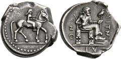The Collection of Greek coins of a Man in Love with Art Part III Sicily, Aetna. Drachm circa 476-470, AR 4.17 g. Horseman at pace r. within dotted border. Rev. AITN – AI – ON Zeus seated r., holding t