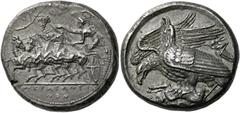 The Collection of Greek coins of a Man in Love with Art Part III Agrigentum. Tetradrachm circa 410-406, AR 16.85 g. Fast quadriga driven l. by Nike holding kentron and reins; above, long vine branch w