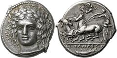 The Collection of Greek coins of a Man in Love with Art Part III Catana. Tetradrachm signed by Heracleidas circa 405-402, AR 16.95 g. Laureate head of Apollo, facing three-quarters l., his hair fallin