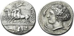 The Collection of Greek coins of a Man in Love with Art Part III Syracuse. Decadrachm signed by Kimon circa 405-400, AR 42.70 g. Fast quadriga driven l. by charioteer, holding reins and kentron; in fi