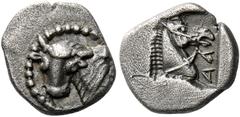 The Collection of Greek coins of a Man in Love with Art Part III Larissa. Obol circa 462/1-460, AR 0.99 g. Forepart of bull l., head to front. Rev. ΛΑ Head of bridled horse r., within incuse square. H