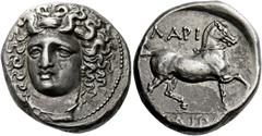 The Collection of Greek coins of a Man in Love with Art Part III Larissa. Stater circa 365-342, AR 12.17 g. Head of the nymph Larissa facing three quarters l., wearing ampyx, triple pendant earring an