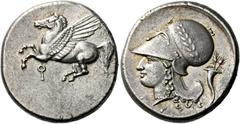 The Collection of Greek coins of a Man in Love with Art Part III Corinthia, Corinth. Stater circa 350-306, AR 8.55 g. Pegasus flying l., beneath [koppa]. Rev. Head of Athena l., wearing wreathed Corin