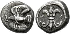 The Collection of Greek coins of a Man in Love with Art Part III Elis, Olympia. Hemidrachm circa 460s, Olympiads 78-82, AR 2.88 g. Eagle flying l., grasping snake in its beak and talons. Rev. F – A Th