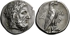 The Collection of Greek coins of a Man in Love with Art Part III Elis, Olympia. Stater circa 340, 110th Olympiad, AR 12.20 g. Laureate head of Zeus r. Rev. F – A / A – P Eagle with closed wings, perch