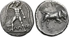 The Collection of Greek coins of a Man in Love with Art Part III Phaestus. Stater circa 300-270, AR 11.25 g. T – AΛ – ΩN Talos, winged and naked, standing facing, head tilted slightly r., about to hur