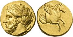 The Collection of Greek coins of a Man in Love with Art Part III Lampsacus. Stater circa 350, AV 8.42g. Head l. of bearded Pan, wearing a stephane and with goat's horns on his forehead; a lagobolon at