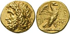 Greek Coins Calabria, Tarentum. Stater circa 276-272 BC, AV 8.55 g. Laureate head of Zeus l.; behind, NK ligate. Rev. TAPANTINΩN Eagle with open wings standing r., perched on thunderbolt; before, two 