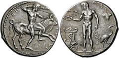 Greek Coins Selinus. Didrachm circa 460-440, AR 8.77 g. Σ – Ε – Λ Ι – NO – TI – ON Heracles, naked, to r., pressing l. knee against Cretan bull and grasping r. horn with l. hand; r. hand wields club, 