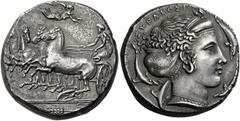 Greek Coins Syracuse. Tetradrachm, unsigned but attributed to Eukleidas circa 413-399, AR 17.29 g. Fast quadriga driven l. by charioteer, holding kentron and reins; in field above, Nike flying r. to c