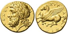 Greek Coins Syracuse. Quarter stater or 30 litrae circa 344-339/8, AV 2.15 g. [ZEY]Σ EΛEY – [ΘEPIOΣ] Laureate head of Zeus Eleutherios l. Rev. ΣYP – A – KO – ΣIΩN Pegasus flying l.; to l. AP ligate an
