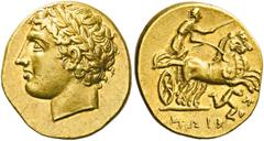 Greek Coins Syracuse. Decadrachm circa 317-310, AV 4.25 g. Laureate head of Apollo l. Rev. [ΣΥΡΑ] – ΚΟ – ΣΙΩΝ Prancing biga driven r. by charioteer holding reins and kentron; below, triskeles. Bérend,