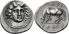 Greek Coins Thessaly, Larissa. Drachm circa 380-365, AR 6.00 g. Head of the nymph Larissa facing slightly r., wearing ampyx and necklace. Rev. ΛΑΡΙ / ΣΑΙΩΝ Horse grazing l., preparing to roll. Lorber,