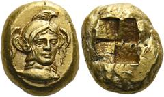 Greek Coins Mysia, Cyzicus. Stater circa 450-400, EL 16.05 g. Head of Athena facing three-quarters r. with triple-crested Attic helmet, hair in heavy, twisted locks on either side of the head; below, 