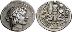 The Roman Republic M. Iunius Brutus and Q. Caepius. Denarius, military mint 43-42, AR 3.89 g. Laureate head of Apollo r. Rev. Q CAEPIO – BRVTVS – IMP Trophy bearing two shields, below, male and female