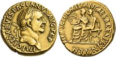 The Viggo collection of Flavian Imperial Coins from provincial mints Lugdunum. Aureus 71, AV 7.06 g. IMP CAESAR VESPASIANVS AVG TR P Laureate head r. Rev. TITVS ET DOMITIAN CAESARES PRIN IVEN Titus an