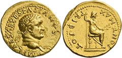 The Viggo collection of Flavian Imperial Coins from provincial mints Antiochia. Aureus 70, AV 7.58 g. IMP CAESAR VESPASIANVS AVG Laureate head r. Rev. PONT MAX – TRIB POT Pax seated r. on throne, hold