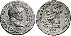 The Viggo collection of Flavian Imperial Coins from provincial mints Ephesus. Vespasian augustus, 69 - 79. Denarius 71, AR 3.48 g. IMP CAESAR VESPAS AVG COS III TR P P P Laureate bust r. Rev. CONCORDI