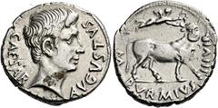 The Roman Empire Octavian as Augustus, 27 BC – AD 14. M. Durmius. Denarius circa 19 BC, AR 3.86 g. AVGVSTVS – CAESAR Bare head r. Rev. M DVRMIVS III VIR Victory flying r. crowning man-headed bull r. C