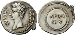 The Roman Empire Octavian as Augustus, 27 BC – AD 14. Denarius, Caesaraugusta (?) circa 19-18 BC, AR 3.80 g. CAESAR – AVGVSTVS Bare head l. Rev. Round shield inscribed S P Q R / CL V. C 293. BMC 335. 