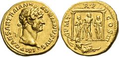 The Roman Empire Hadrian augustus, 117 – 138. Aureus 121-123, AV 7.11 g. IMP CAESAR TRAIAN H – ADRIANVS AVG Laureate head r. Rev. P M T – R P – COS III Hercules standing facing in distyle temple, head