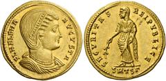 The Roman Empire Helena, mother of Constantine I. Solidus, Thessalonica 324, AV 4.48 g. FL HELENA – AVGVSTA Diademed and draped bust r., wearing double necklace. Rev. SECVRITAS – REIPVBLICE Securitas,