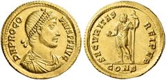 The Roman Empire Procopius, 365 – 366. Solidus, Constantinopolis 365-366, AV 4.42 g. D N PROCO – PIVS Pearl-diademed, draped and cuirassed bust. r. Rev. SECVRITAS – REIPVB Emperor standing l., In mili