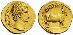 Auction 51 Part I The Roman Empire Octavian as Augustus 27 BC – 14 AD Aureus, Samos (?) circa 21-20 BC, AV 7.90 g. CAESAR Bare head r. Rev. AVGVSTVS Young bull standing r. C 28. Bahrfeldt 138. BMC –, 